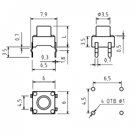 Кнопка SWT 6х6_ 4,3мм /SWT-2 