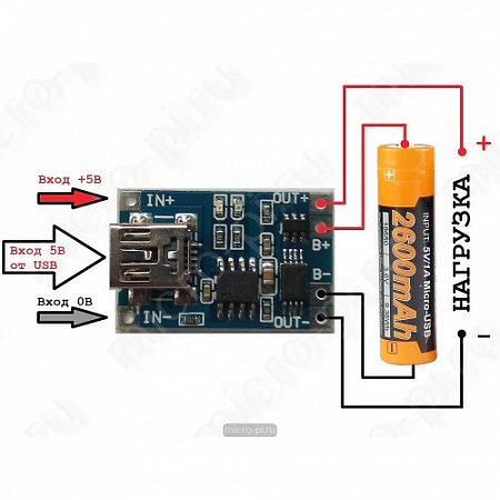 Модуль ЗУ для литиевых АКБ USB-micro на TP4056 